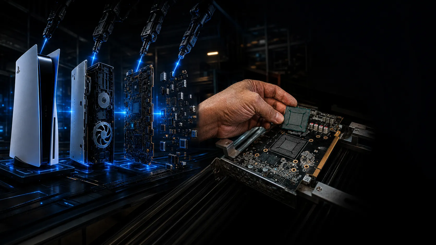 A Z-Fix technician holding a removed chip over an open PlayStation circuit board during component-level repair